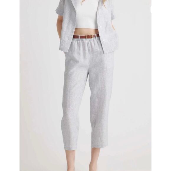 Quince European Linen Pull-on Crop Pants Women's Medium Blue White Pinstripe - Picture 1 of 9